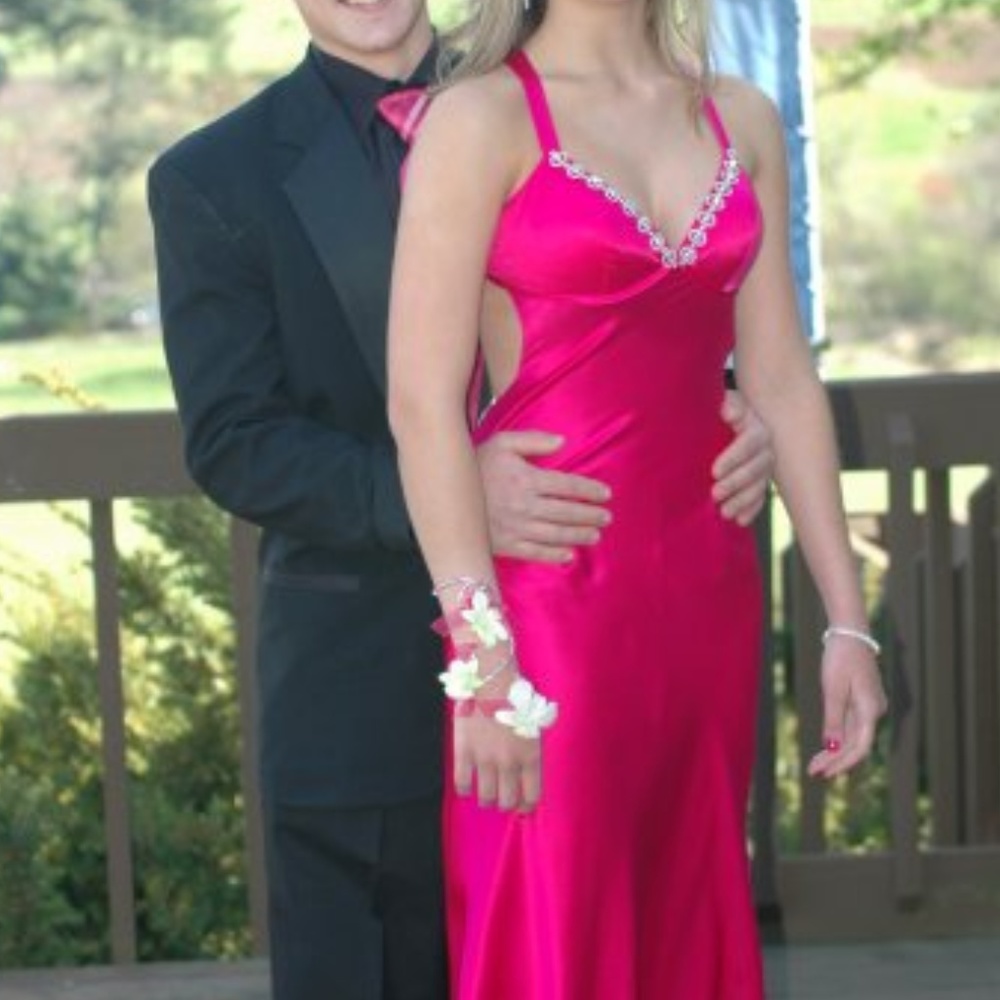 Jovani Satin Gown Hot Pink Magenta with Crystal Detail - Prom, Gala, Black Tie
